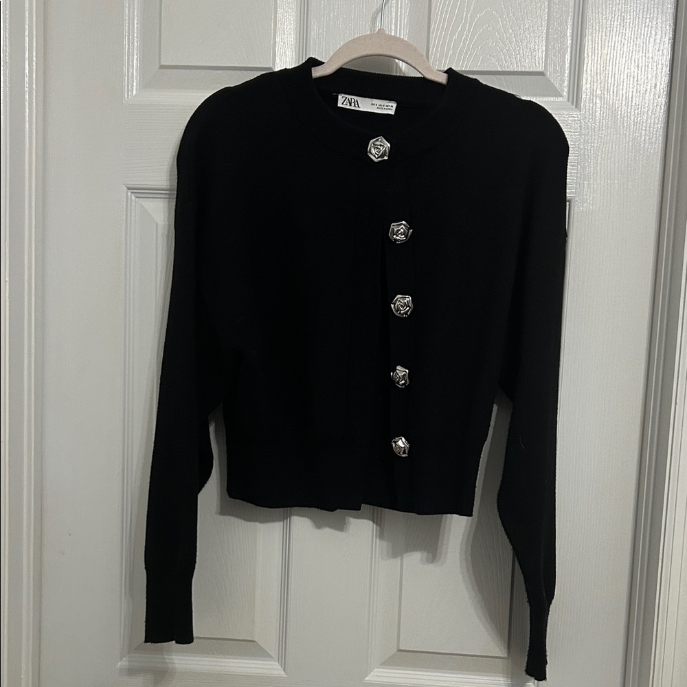Zara Black Cropped Cardigan with Decorative Silver Buttons
